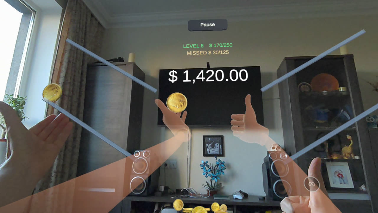 A gold coin balanced on an outstretched virtual hand, with the running
                  total and the level shown on the wall behind