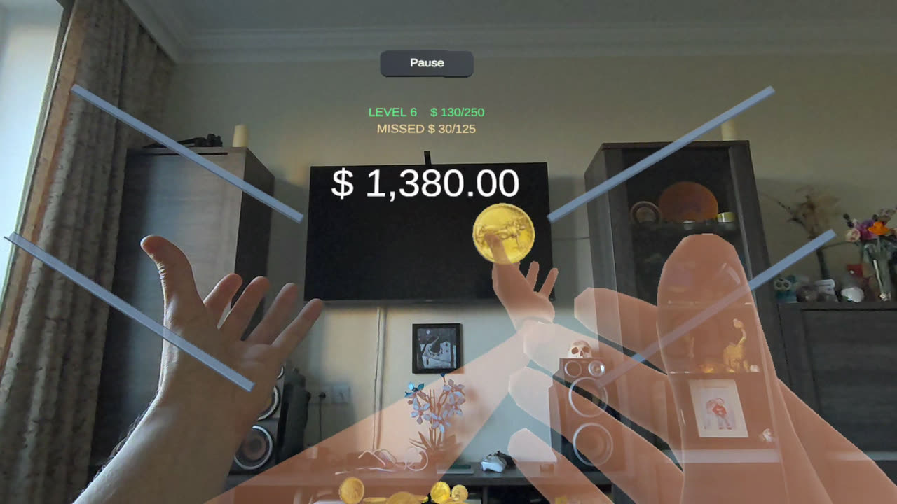 Both arms reaching across a living room towards the shelves, a coin
                  held in one hand