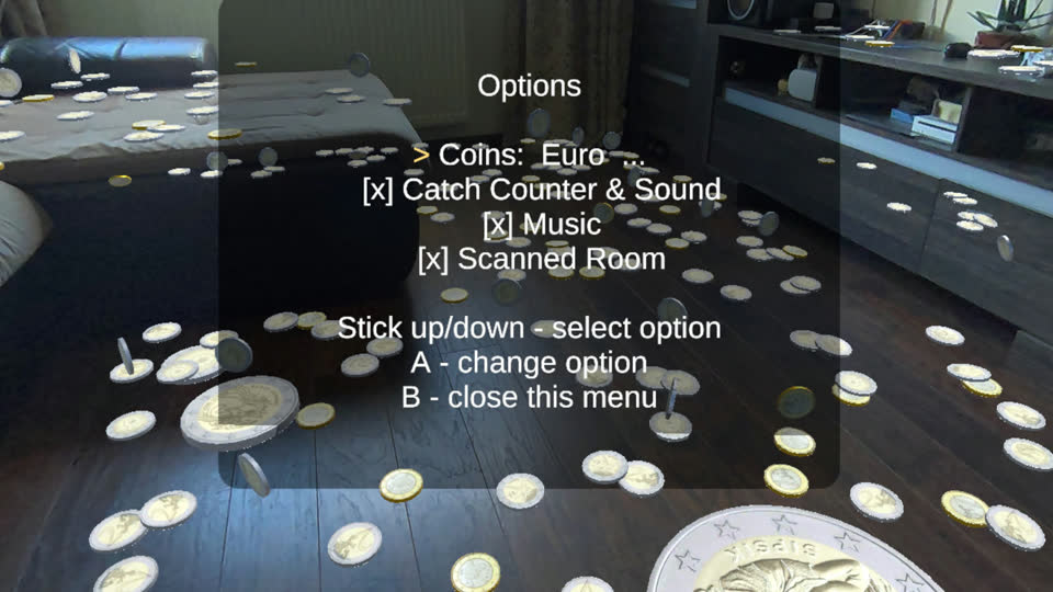 A real room covered in euro coins, with the Options menu open