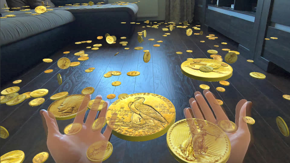 Gold eagles raining through a living room, caught in two open hands
