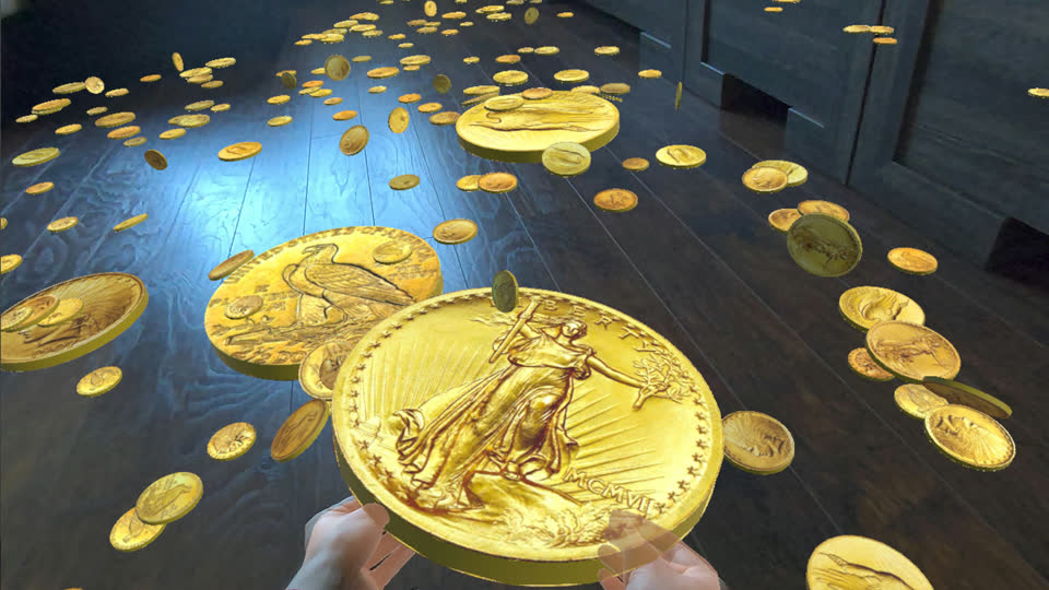 A twenty-dollar Double Eagle held up over a floor covered in gold
