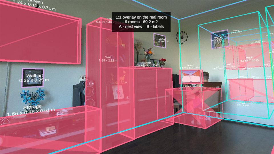 The plan of the bigger home overlaid on the real room at full size