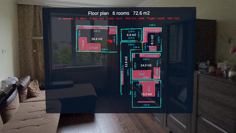 The floor plan of the bigger home on a dark sheet, as scanned
